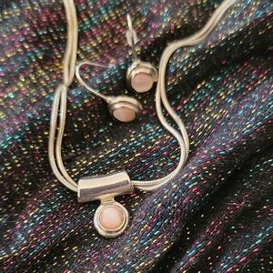 Pretty, Sleek Silver & Pale Pink Cat's Eye Necklace &  Earrings Set